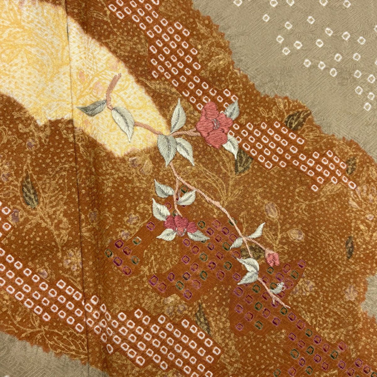 訪問服 身長157cm 袖長64cm M 雙層 枝花 道長取 刺繡 絞染 淺茶 純蠶絲 優品級
