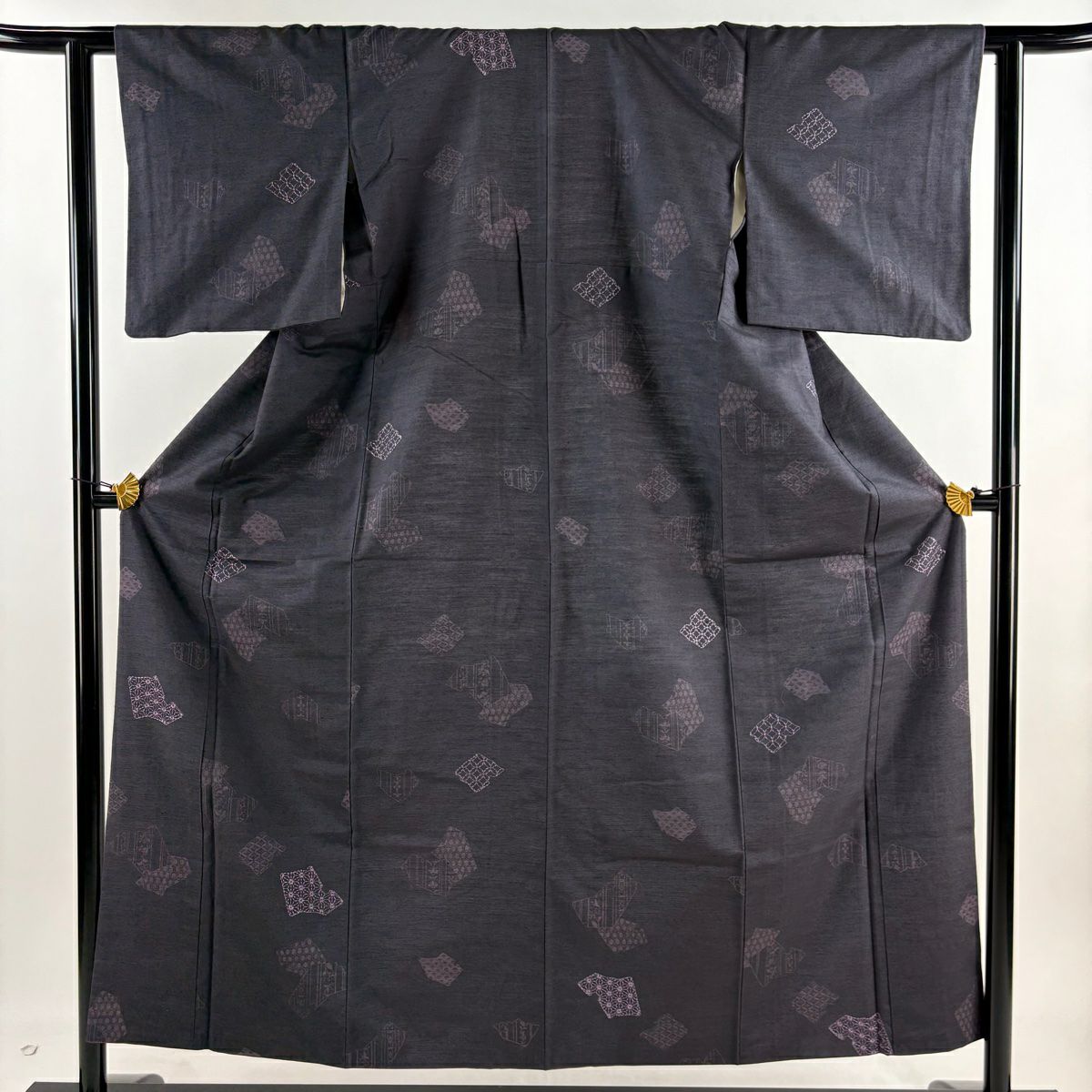 小紋 身長154.5cm 袖長60.5cm S 雙層 紬織織 麻葉 草花紋紋 刺繡 深紫 純蠶絲 秀品級