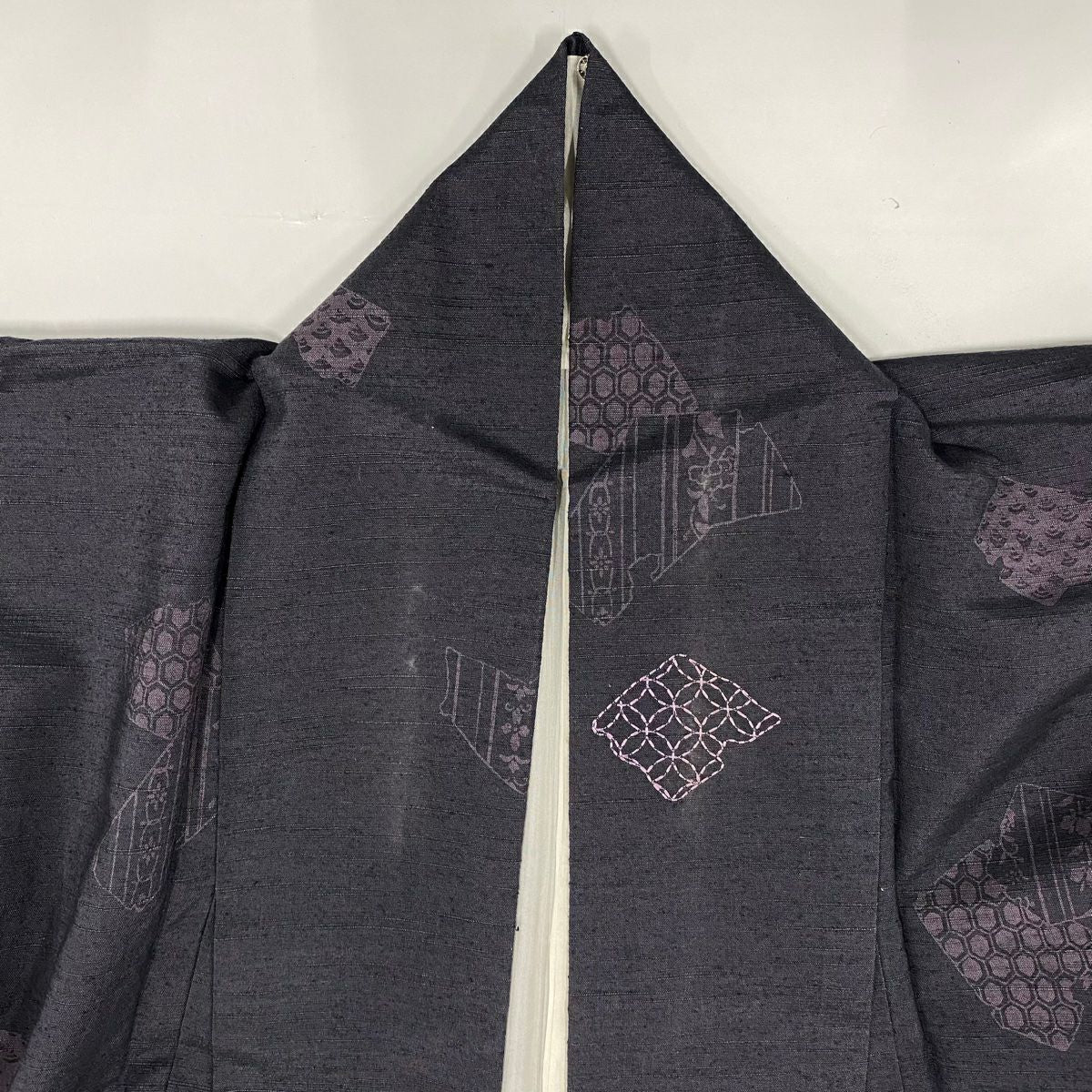 小紋 身長154.5cm 袖長60.5cm S 雙層 紬織織 麻葉 草花紋紋 刺繡 深紫 純蠶絲 秀品級