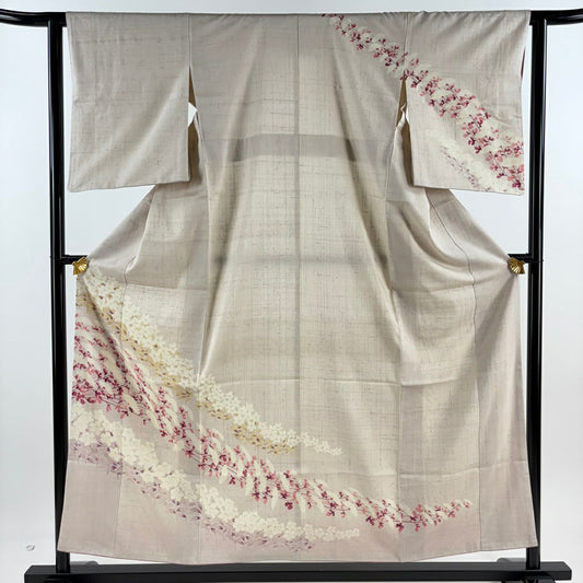 訪問服 身長155.5cm 袖長62cm S 雙層 紬織織 草花紋紋 薄小豆 純蠶絲 秀品級