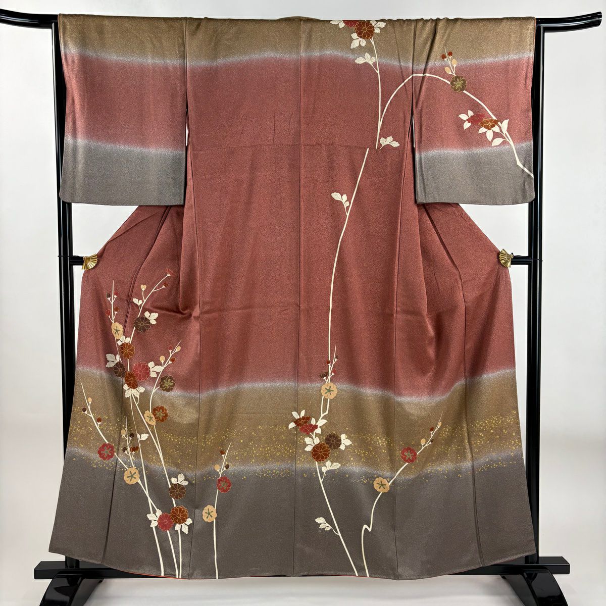 【美品】訪問服 身長156cm 袖長66cm M 雙層 枝梅花 菊花 金彩裝飾 染分 粉紅 純蠶絲 秀品級