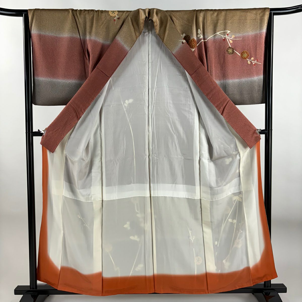 【美品】訪問服 身長156cm 袖長66cm M 雙層 枝梅花 菊花 金彩裝飾 染分 粉紅 純蠶絲 秀品級