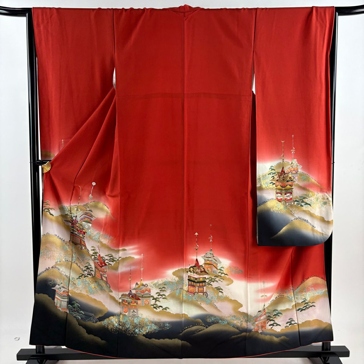 振袖禮服 身長159cm 袖長66cm M 雙層 山鉾 山並 金銀彩 漸層 紅 純蠶絲 優品級