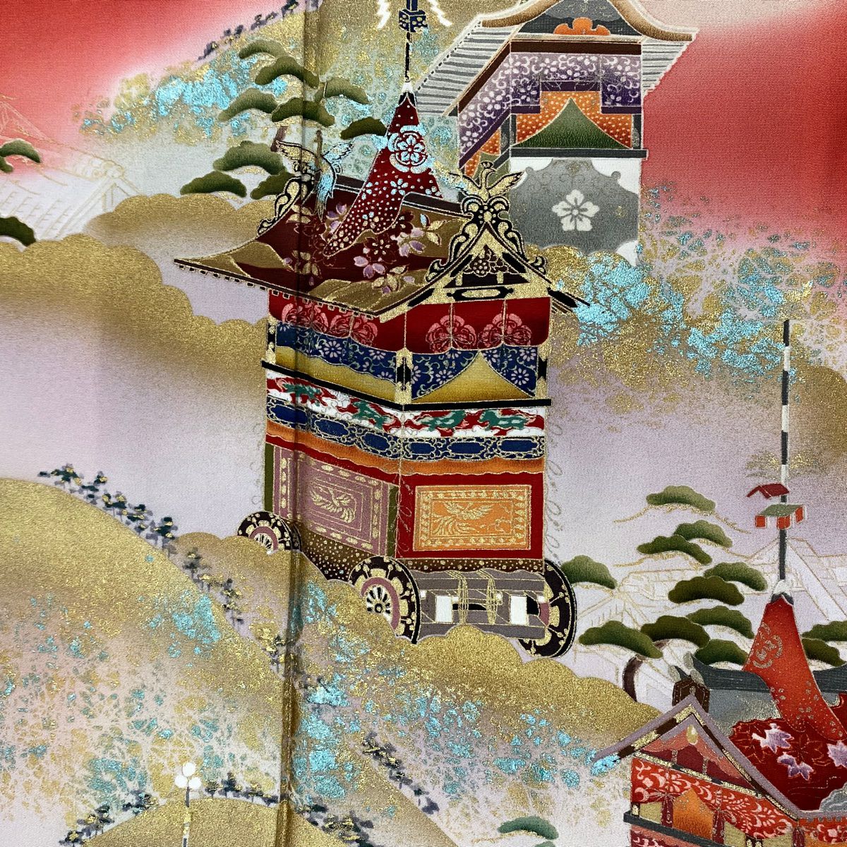 振袖禮服 身長159cm 袖長66cm M 雙層 山鉾 山並 金銀彩 漸層 紅 純蠶絲 優品級