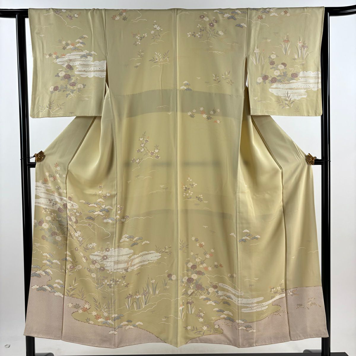 訪問服 身長151.5cm 袖長64cm M 雙層 草花紋紋 間垣 金銀彩 金絲 米色 純蠶絲 優品級