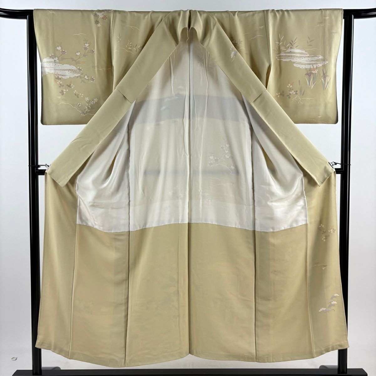 訪問服 身長151.5cm 袖長64cm M 雙層 草花紋紋 間垣 金銀彩 金絲 米色 純蠶絲 優品級
