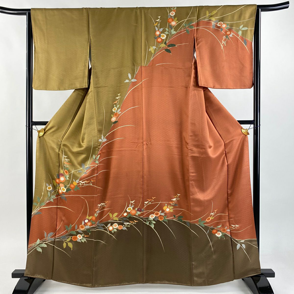 訪問服 身長162cm 袖長64.5cm M 雙層 菊花 金彩裝飾 染分 茶 純蠶絲 秀品級