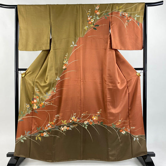 訪問服 身長162cm 袖長64.5cm M 雙層 菊花 金彩裝飾 染分 茶 純蠶絲 秀品級