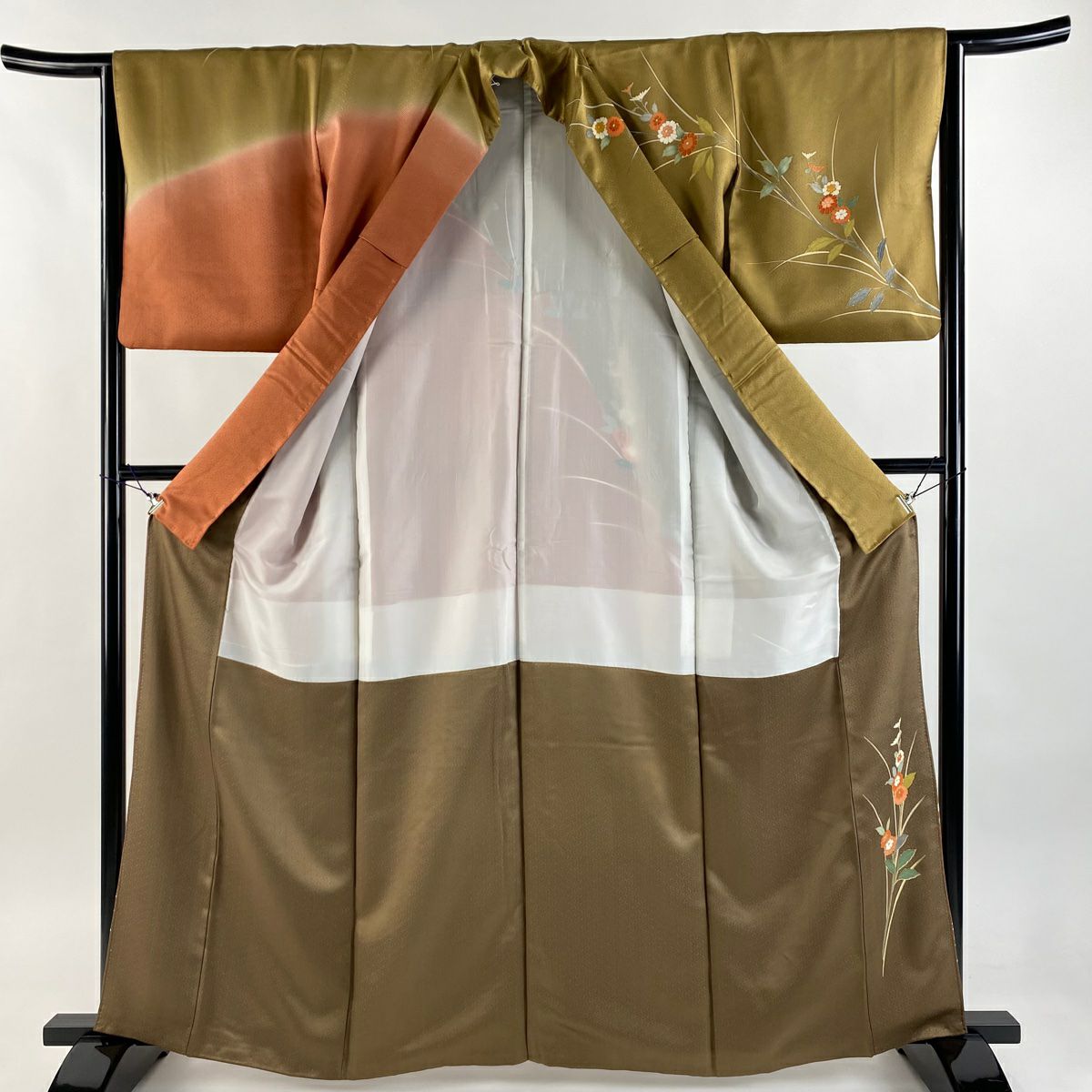 訪問服 身長162cm 袖長64.5cm M 雙層 菊花 金彩裝飾 染分 茶 純蠶絲 秀品級