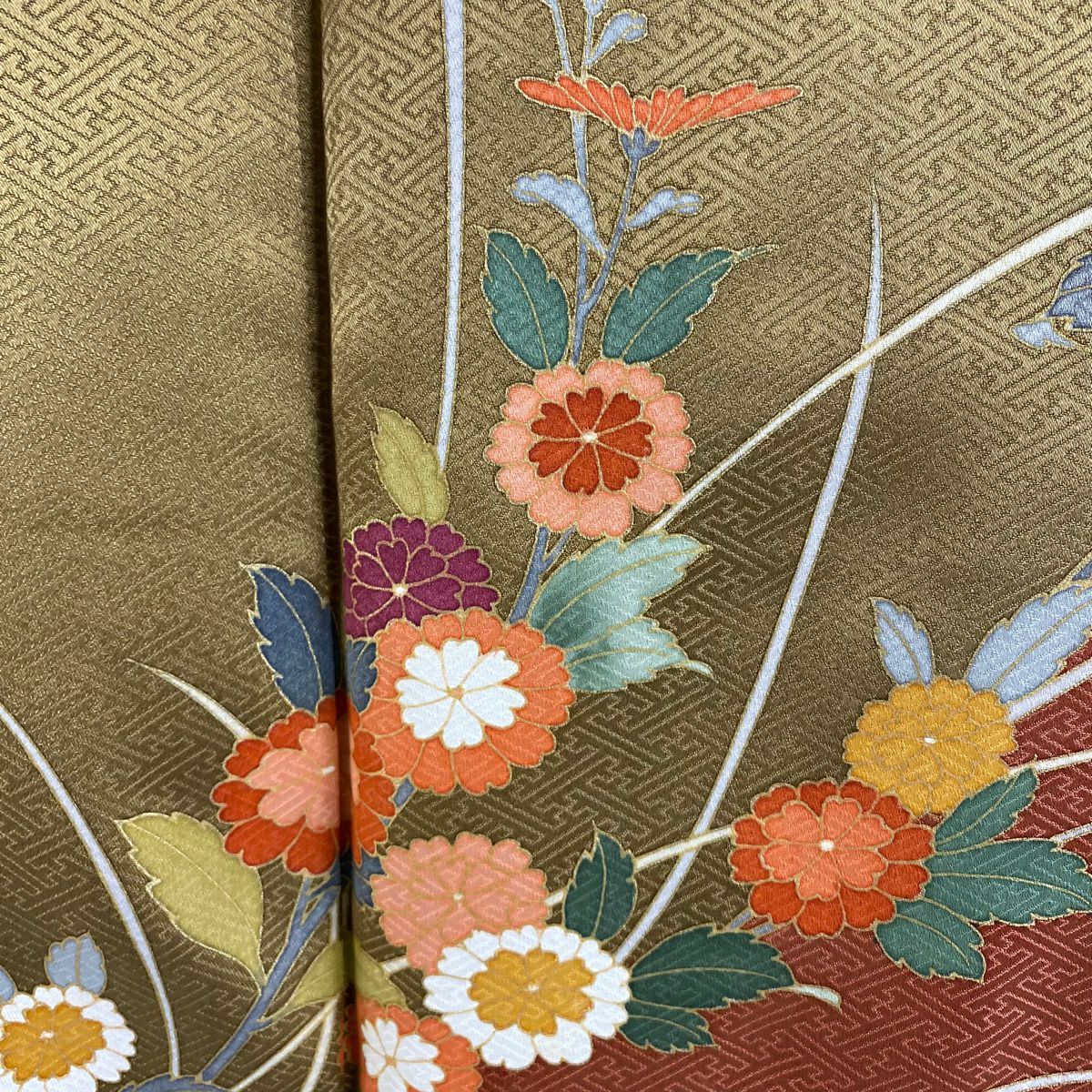 訪問服 身長162cm 袖長64.5cm M 雙層 菊花 金彩裝飾 染分 茶 純蠶絲 秀品級