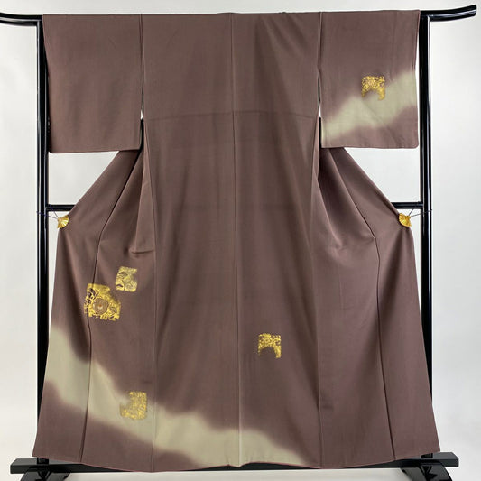 付下 身長157cm 袖長64cm M 雙層 椿 松樹 金金箔 刺繡 小豆 純蠶絲 秀品級