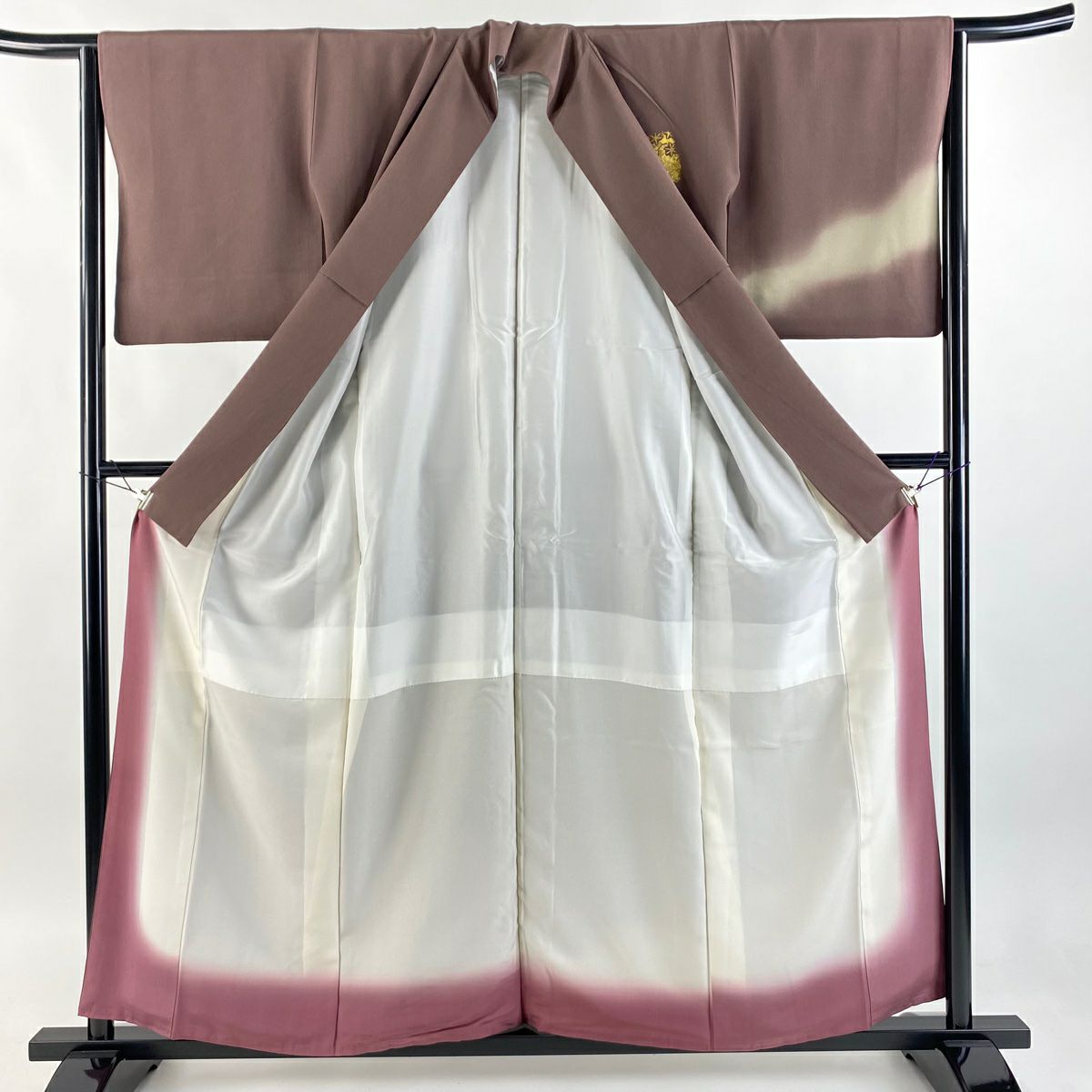付下 身長157cm 袖長64cm M 雙層 椿 松樹 金金箔 刺繡 小豆 純蠶絲 秀品級