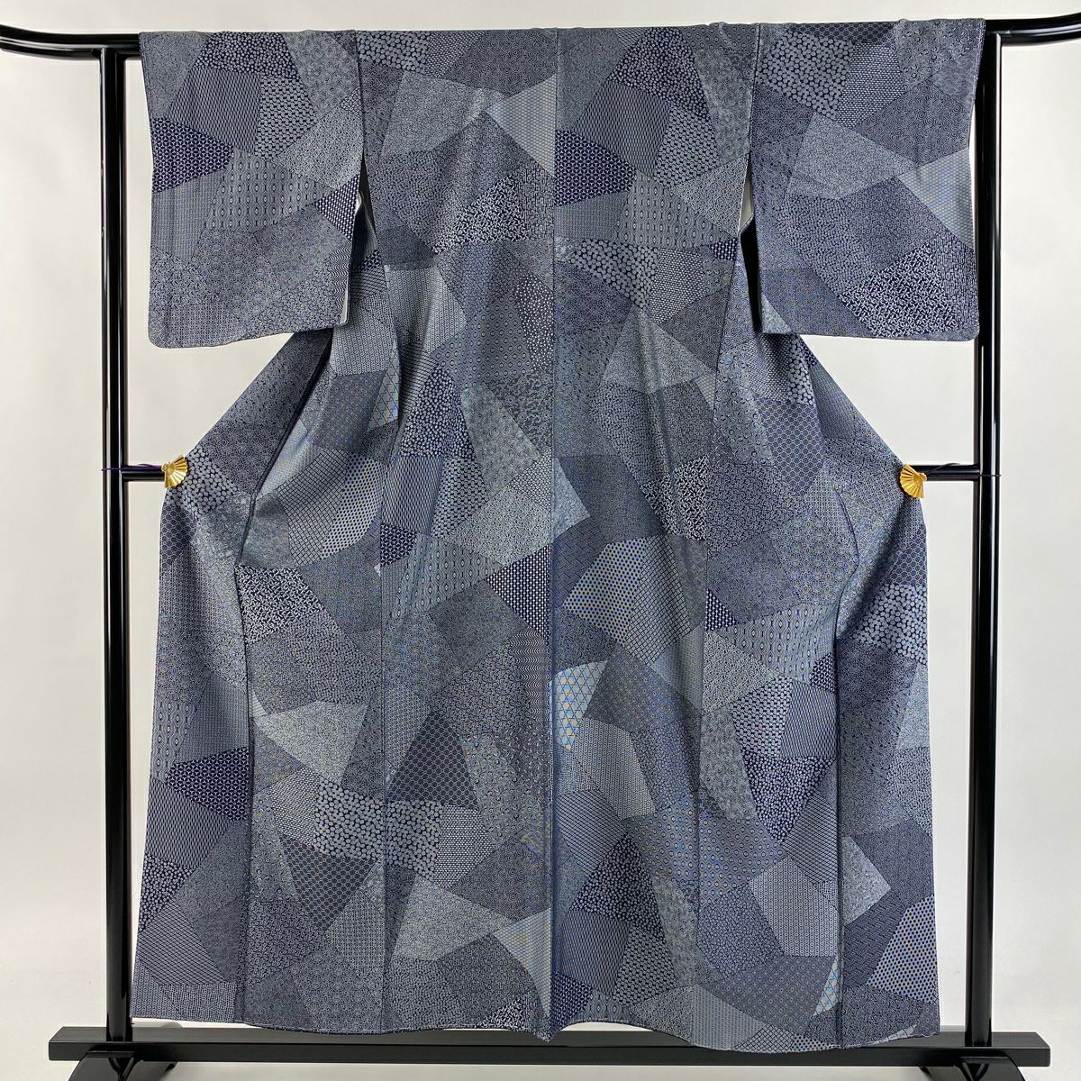 【庫存清倉】 【美品】 小紋 身長156cm 袖長62cm S 雙層 寄せ柄 小花 深藍 純蠶絲 名品級