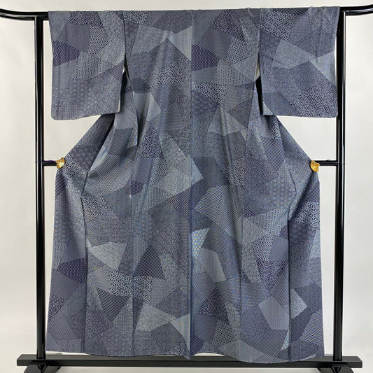 【庫存清倉】 【美品】 小紋 身長156cm 袖長62cm S 雙層 寄せ柄 小花 深藍 純蠶絲 名品級