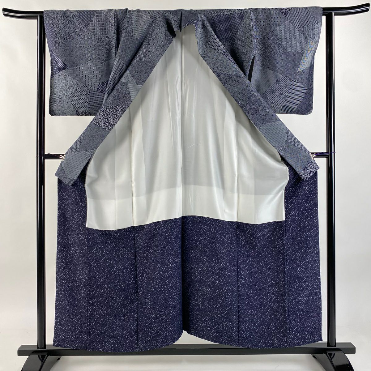 【庫存清倉】 【美品】 小紋 身長156cm 袖長62cm S 雙層 寄せ柄 小花 深藍 純蠶絲 名品級