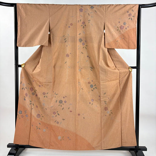 【美品】訪問服 身長161cm 袖長63cm S 雙層 紬織織 草花紋紋 金銀彩 漸層 淺茶 純蠶絲 名品級