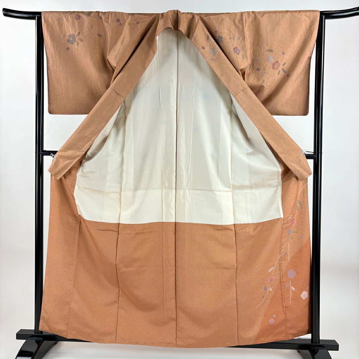 【美品】訪問服 身長161cm 袖長63cm S 雙層 紬織織 草花紋紋 金銀彩 漸層 淺茶 純蠶絲 名品級