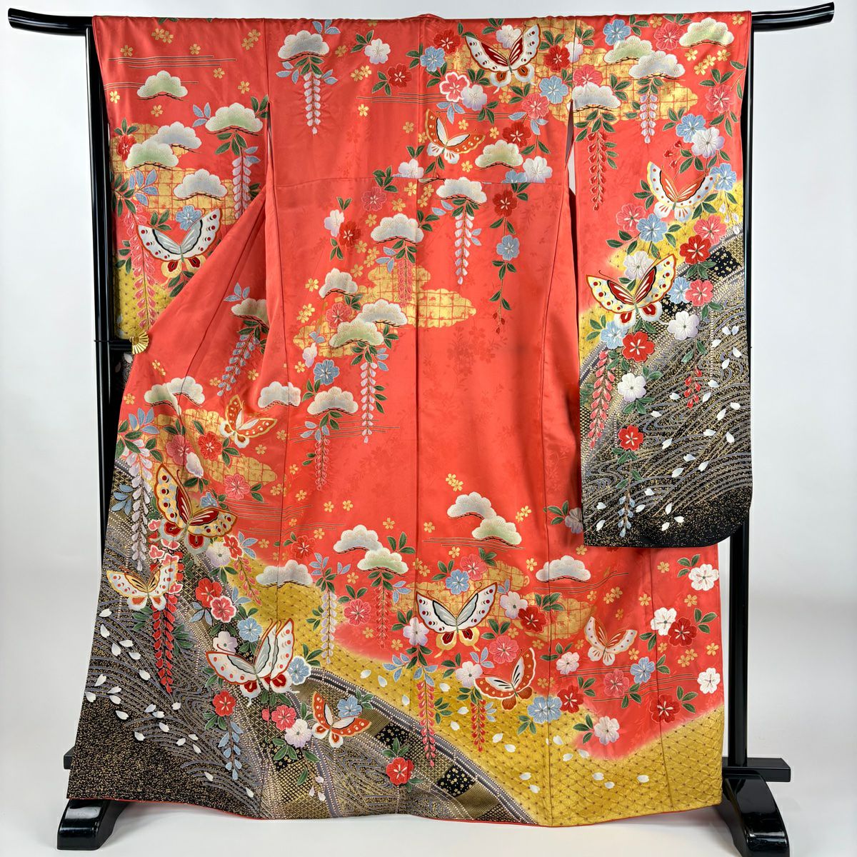 振袖禮服 身長167.5cm 袖長66.5cm M 雙層 蝶 櫻花 金絲 金銀彩 粉紅 純蠶絲 名品級