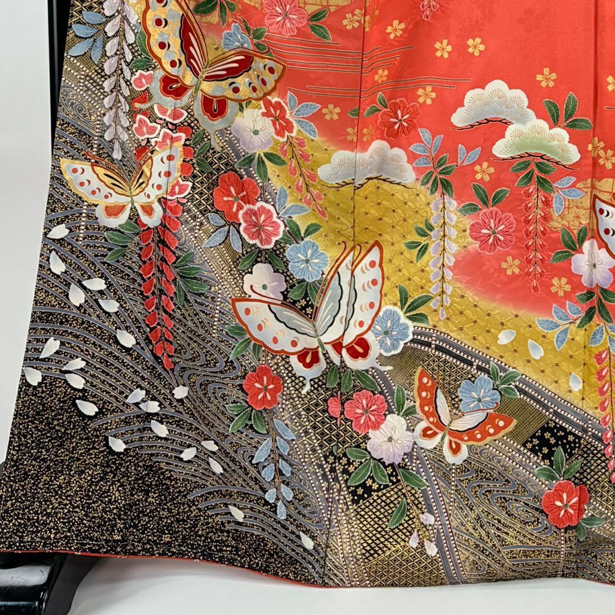 振袖禮服 身長167.5cm 袖長66.5cm M 雙層 蝶 櫻花 金絲 金銀彩 粉紅 純蠶絲 名品級