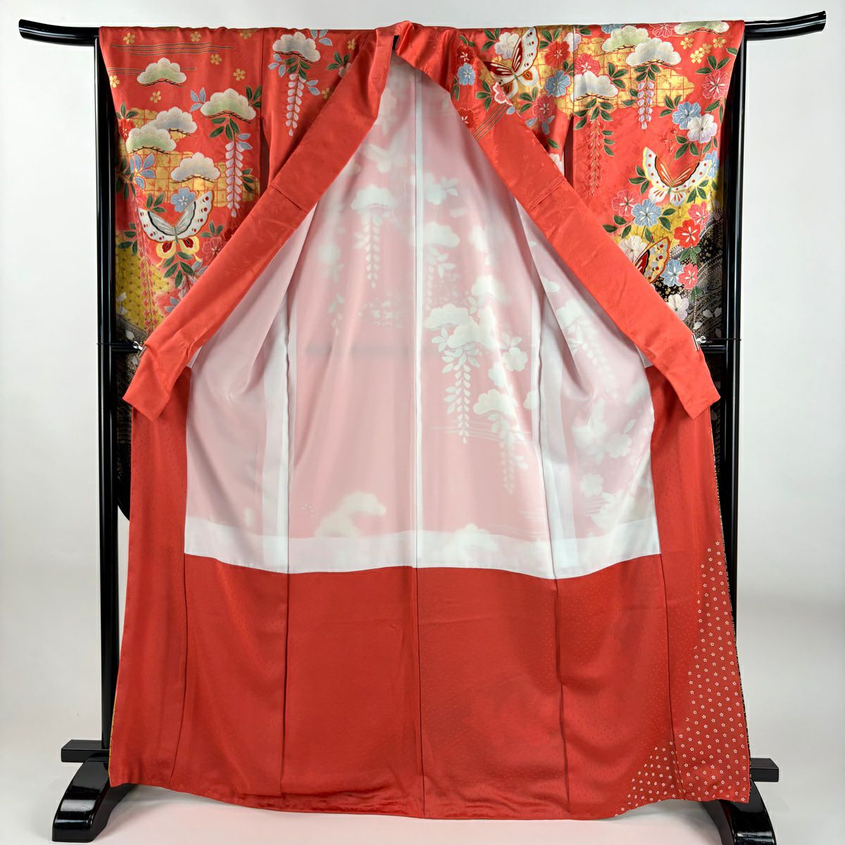 振袖禮服 身長167.5cm 袖長66.5cm M 雙層 蝶 櫻花 金絲 金銀彩 粉紅 純蠶絲 名品級