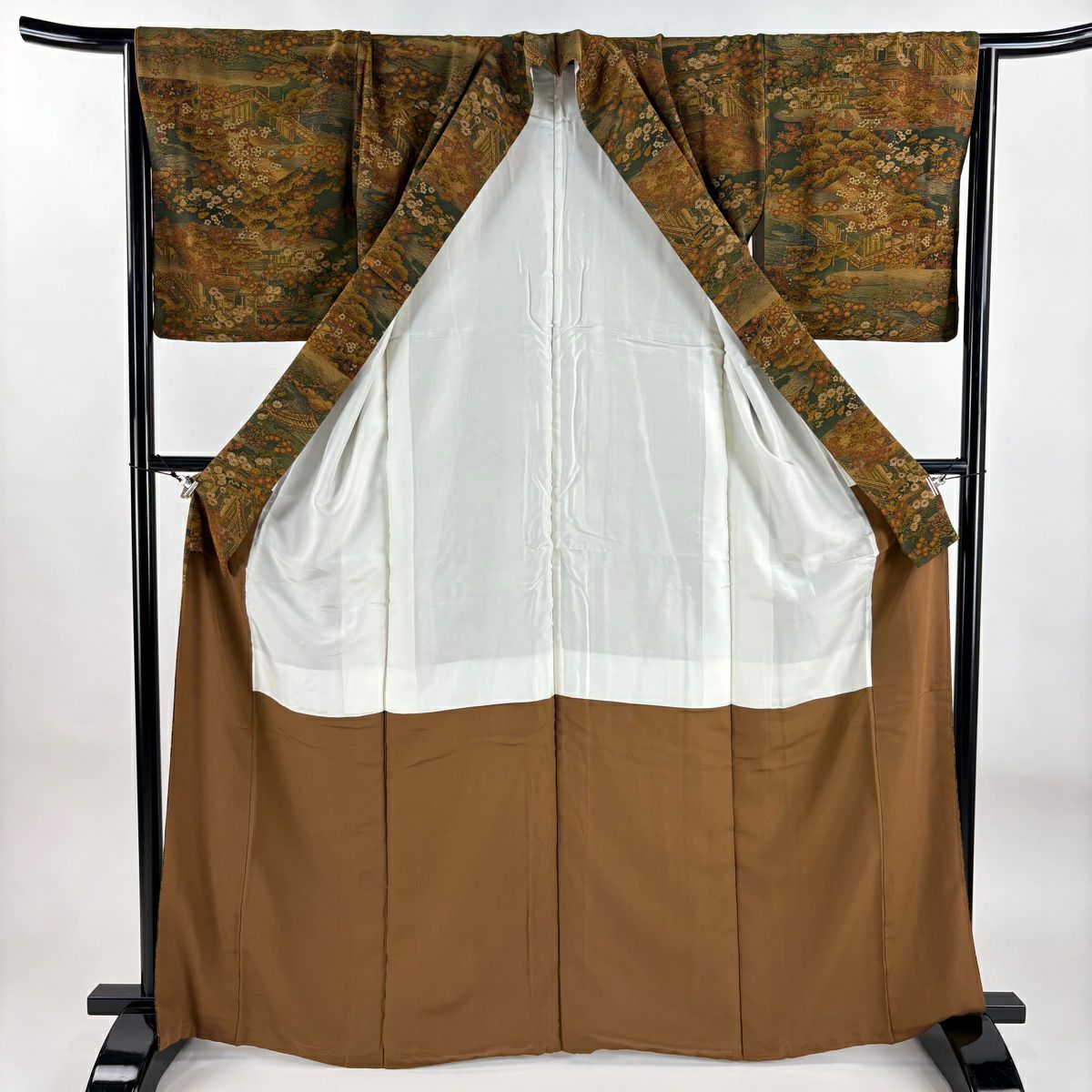 【美品】 小紋 身長165cm 袖長67cm M 雙層 樽本伊勢蔵 落款あり 建物 樹木 山吹茶 純蠶絲 名品級