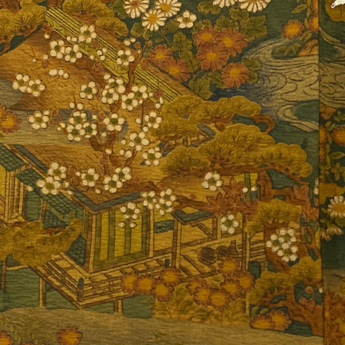 【美品】 小紋 身長165cm 袖長67cm M 雙層 樽本伊勢蔵 落款あり 建物 樹木 山吹茶 純蠶絲 名品級