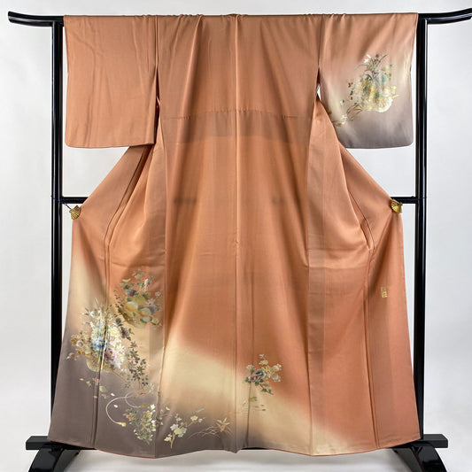 【美品】 付下 身長162cm 袖長64.5cm M 雙層 和田光正 落款 花車 菊花 金銀彩 漸層 粉米色 純蠶絲 逸品級