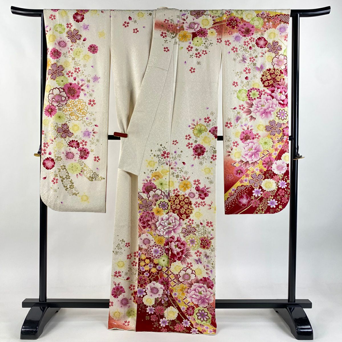 振袖禮服 身長166cm 袖長66.5cm M 雙層 牡丹 蝴蝶 銀通 金銀彩 奶油色 純蠶絲 逸品級