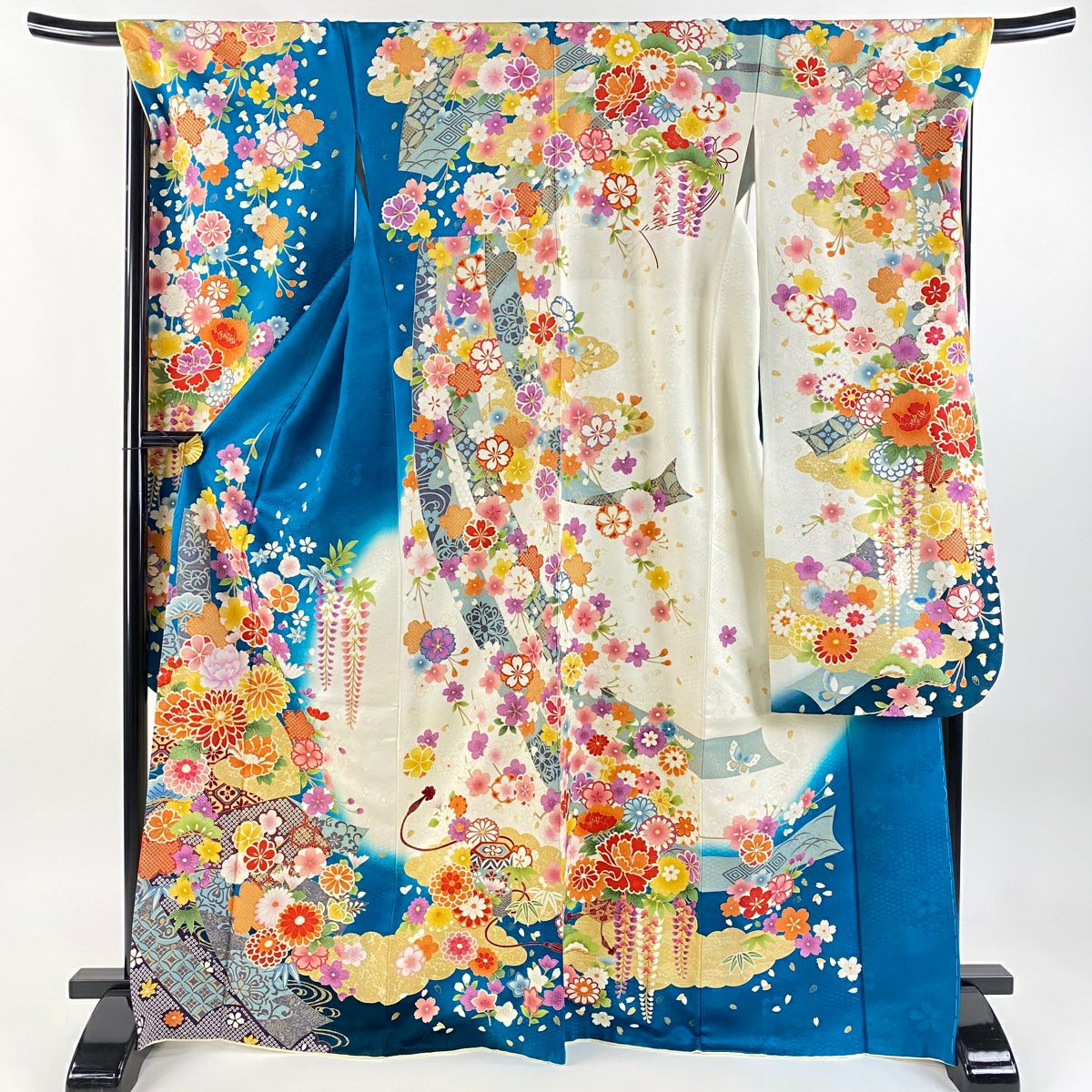 【美品】振袖禮服 身長170cm 袖長69cm L 雙層 菊花花 扇子面 銀通 金絲 青綠 純蠶絲 逸品級