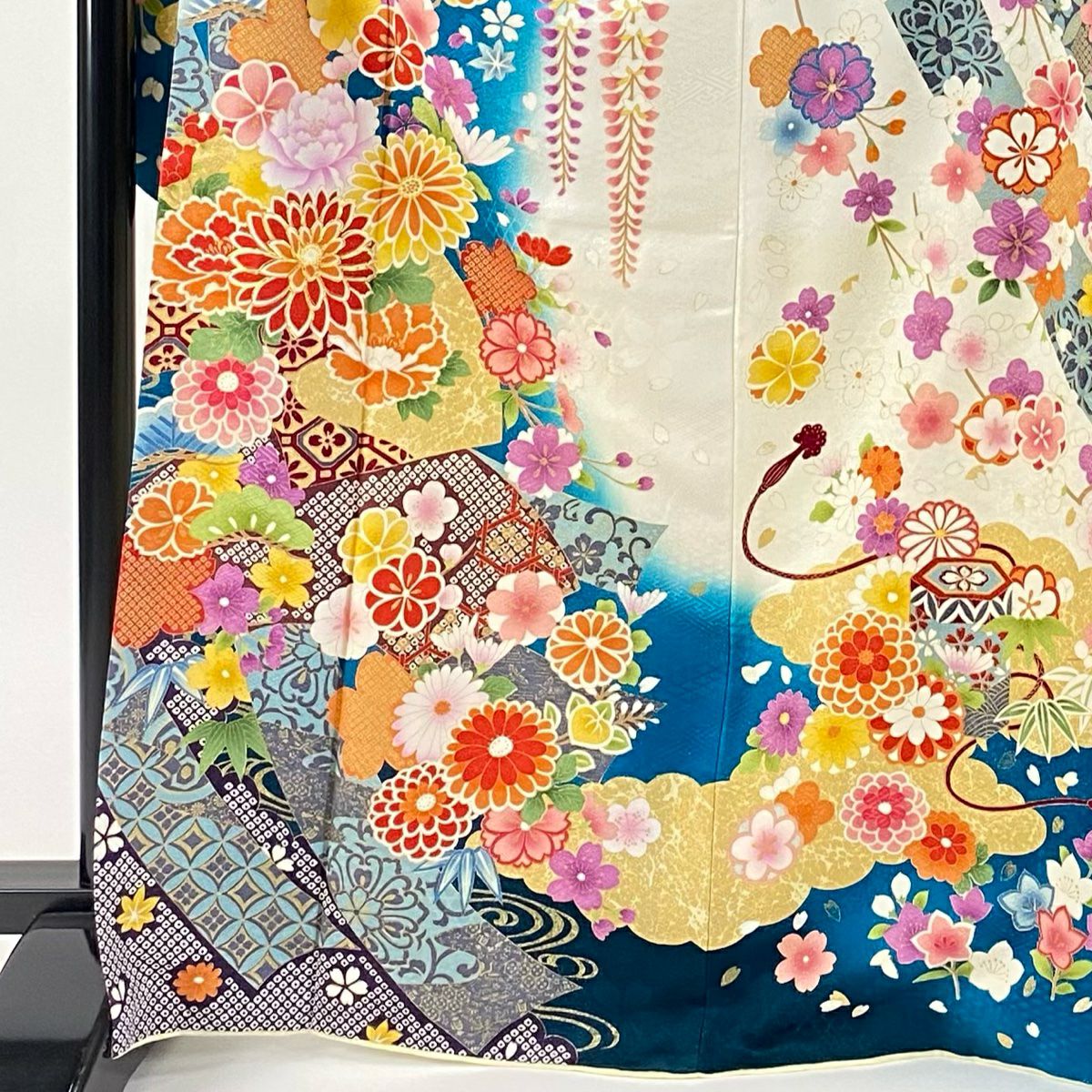【美品】振袖禮服 身長170cm 袖長69cm L 雙層 菊花花 扇子面 銀通 金絲 青綠 純蠶絲 逸品級