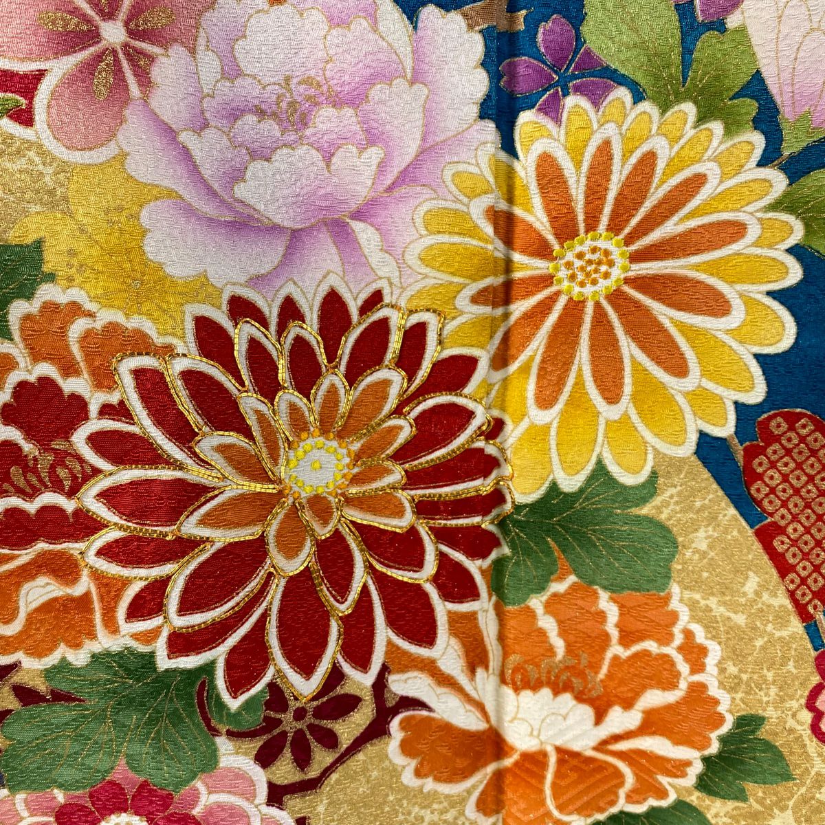 【美品】振袖禮服 身長170cm 袖長69cm L 雙層 菊花花 扇子面 銀通 金絲 青綠 純蠶絲 逸品級
