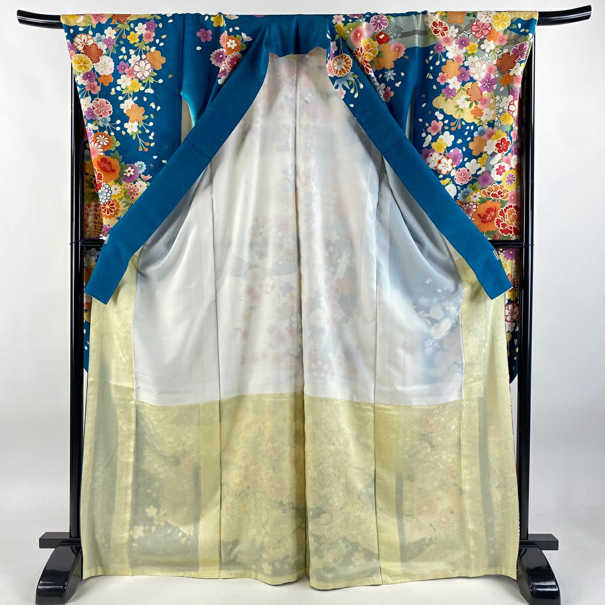 【美品】振袖禮服 身長170cm 袖長69cm L 雙層 菊花花 扇子面 銀通 金絲 青綠 純蠶絲 逸品級