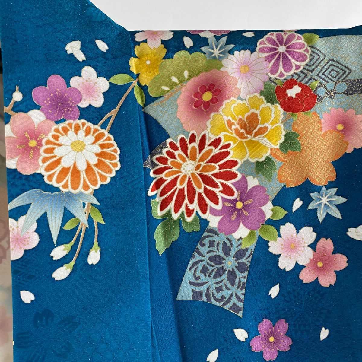 【美品】振袖禮服 身長170cm 袖長69cm L 雙層 菊花花 扇子面 銀通 金絲 青綠 純蠶絲 逸品級