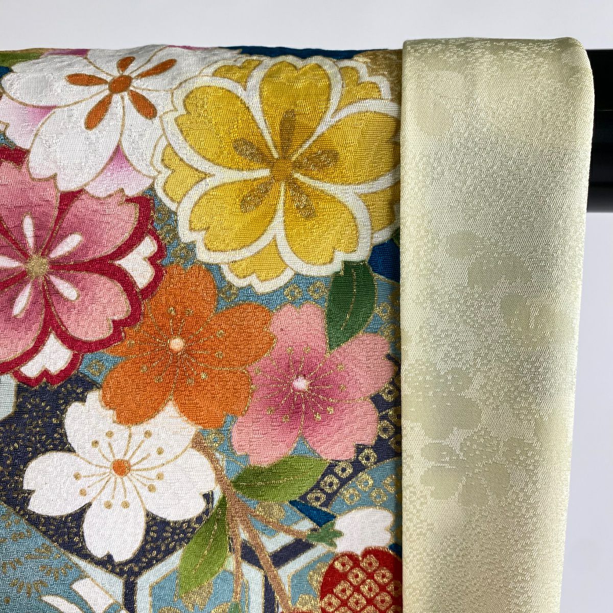 【美品】振袖禮服 身長170cm 袖長69cm L 雙層 菊花花 扇子面 銀通 金絲 青綠 純蠶絲 逸品級