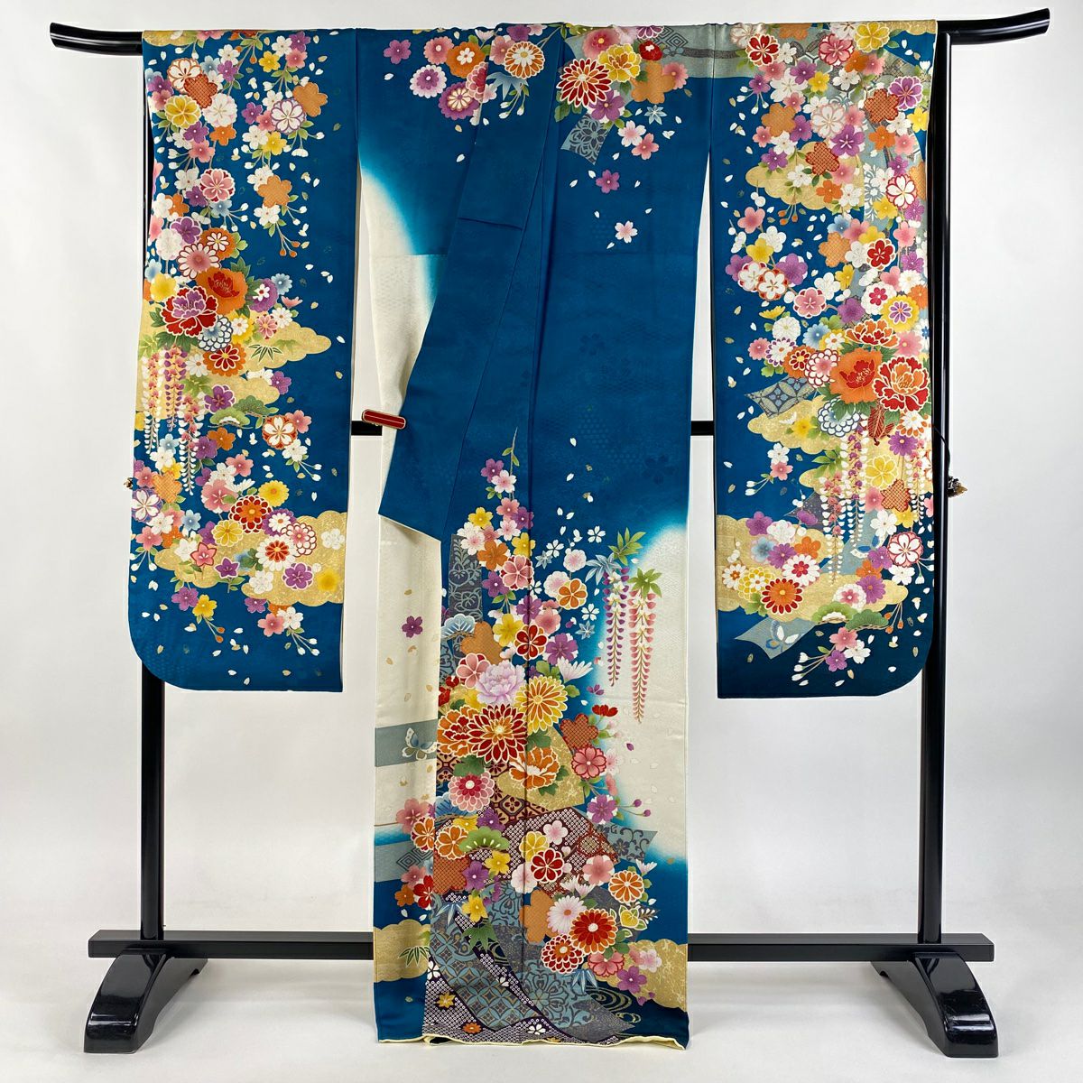 【美品】振袖禮服 身長170cm 袖長69cm L 雙層 菊花花 扇子面 銀通 金絲 青綠 純蠶絲 逸品級