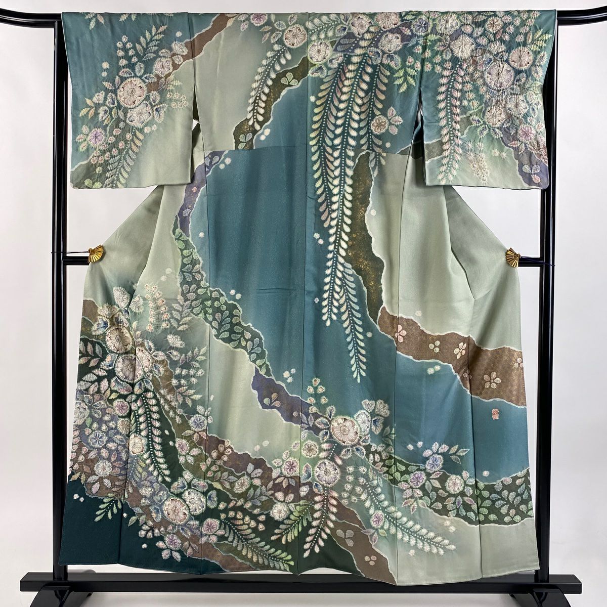 訪問服 身長155cm 袖長64.5cm M 雙層 翠山工房 落款あり 辻花染 道長取 金通 金銀彩 淡綠 純蠶絲 逸品級