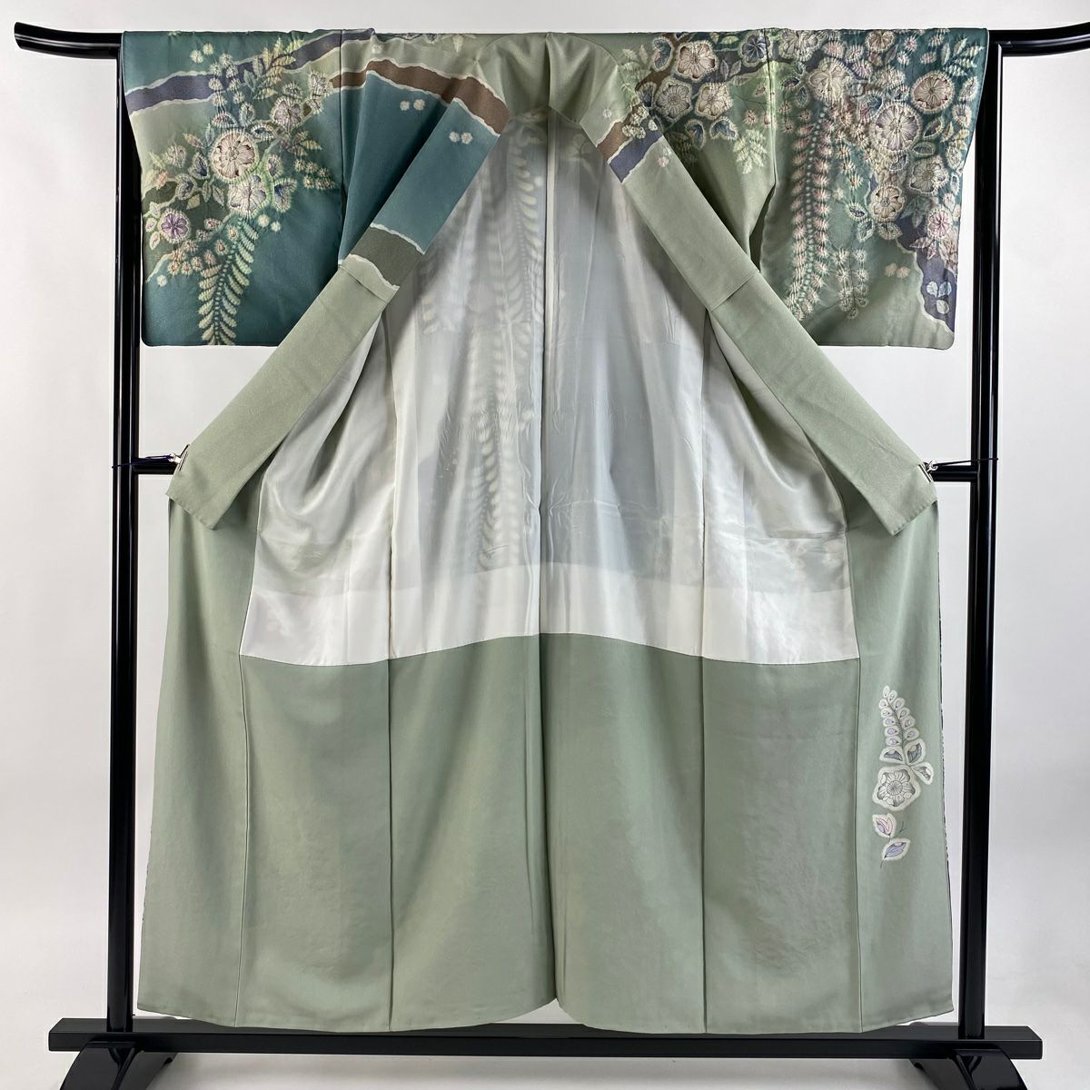 訪問服 身長155cm 袖長64.5cm M 雙層 翠山工房 落款あり 辻花染 道長取 金通 金銀彩 淡綠 純蠶絲 逸品級