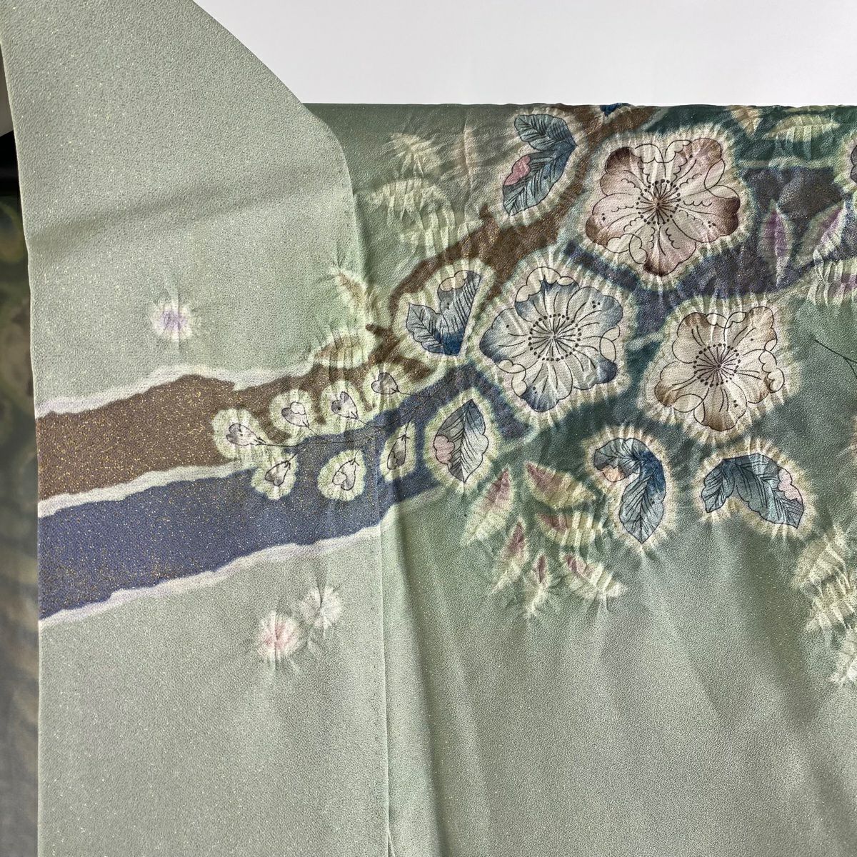訪問服 身長155cm 袖長64.5cm M 雙層 翠山工房 落款あり 辻花染 道長取 金通 金銀彩 淡綠 純蠶絲 逸品級