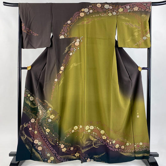 【美品】訪問服 身長164cm 袖長66.5cm M 雙層 吉乃一廉 落款あり 辻花染 金銀彩 漸層 茶紫 純蠶絲 逸品級