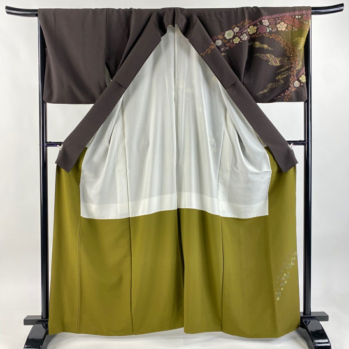 【美品】訪問服 身長164cm 袖長66.5cm M 雙層 吉乃一廉 落款あり 辻花染 金銀彩 漸層 茶紫 純蠶絲 逸品級