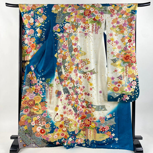 【美品】振袖禮服 身長171cm 袖長67cm M 雙層 菊花 扇子面 銀通 金絲 青綠 純蠶絲 逸品級