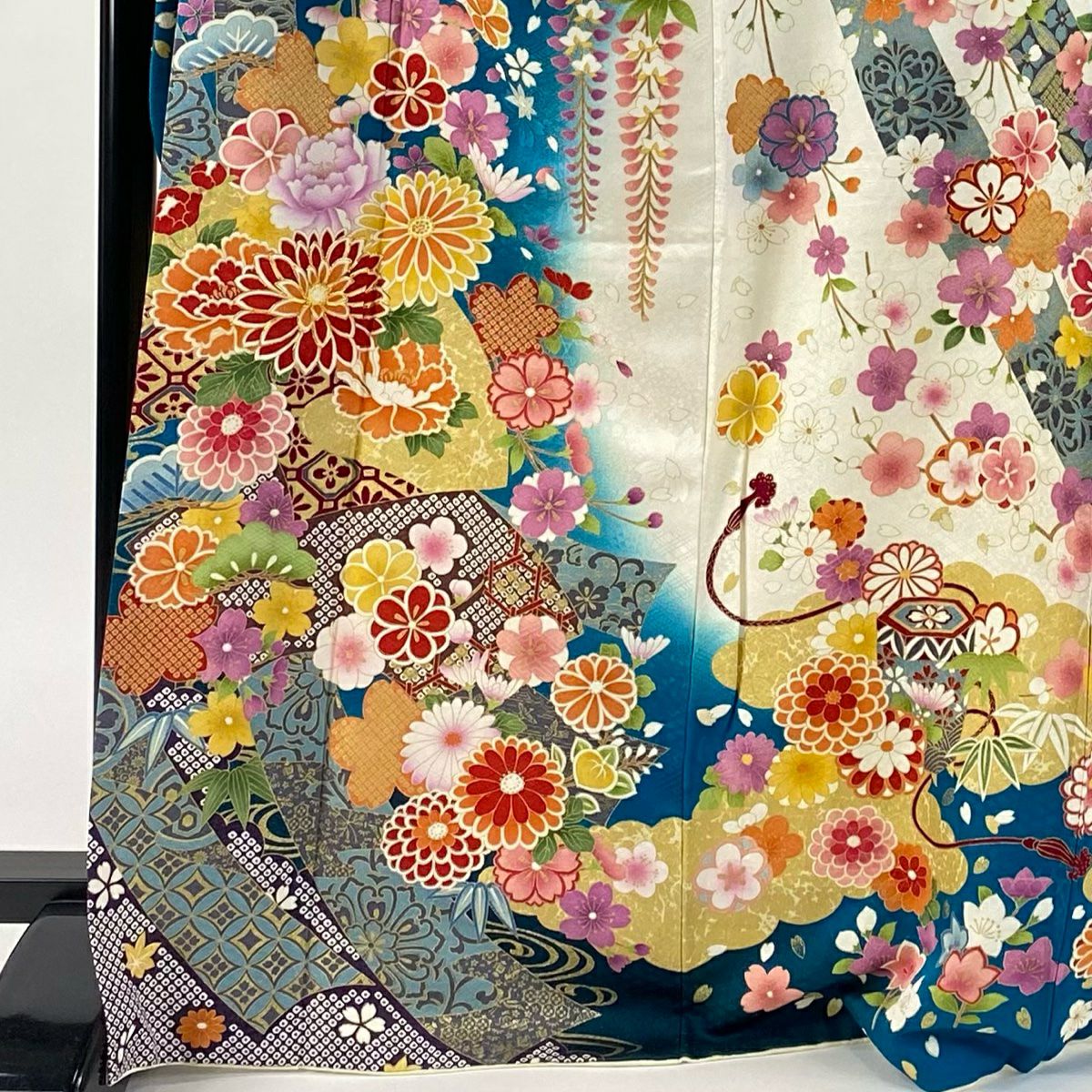 【美品】振袖禮服 身長171cm 袖長67cm M 雙層 菊花 扇子面 銀通 金絲 青綠 純蠶絲 逸品級