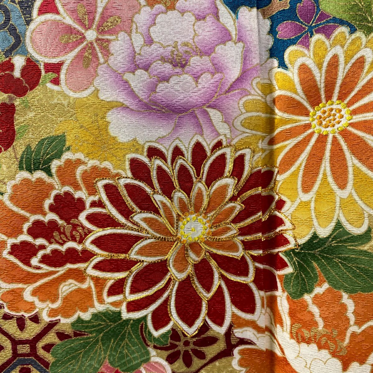 【美品】振袖禮服 身長171cm 袖長67cm M 雙層 菊花 扇子面 銀通 金絲 青綠 純蠶絲 逸品級