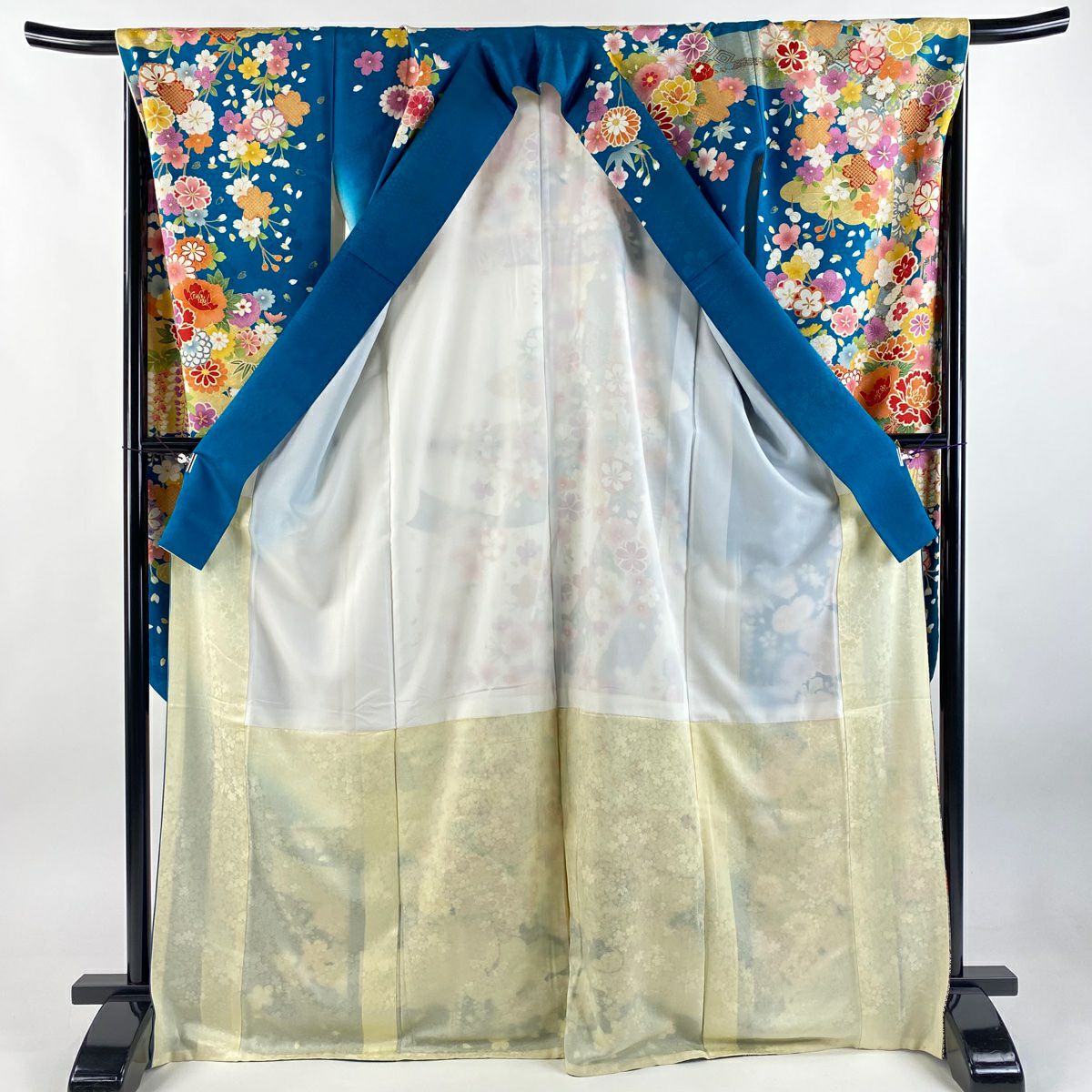 【美品】振袖禮服 身長171cm 袖長67cm M 雙層 菊花 扇子面 銀通 金絲 青綠 純蠶絲 逸品級