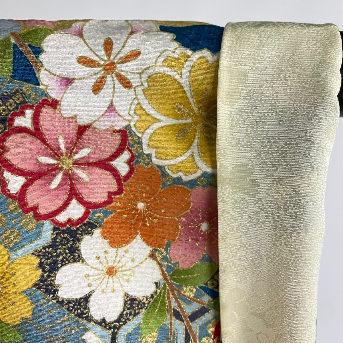 【美品】振袖禮服 身長171cm 袖長67cm M 雙層 菊花 扇子面 銀通 金絲 青綠 純蠶絲 逸品級