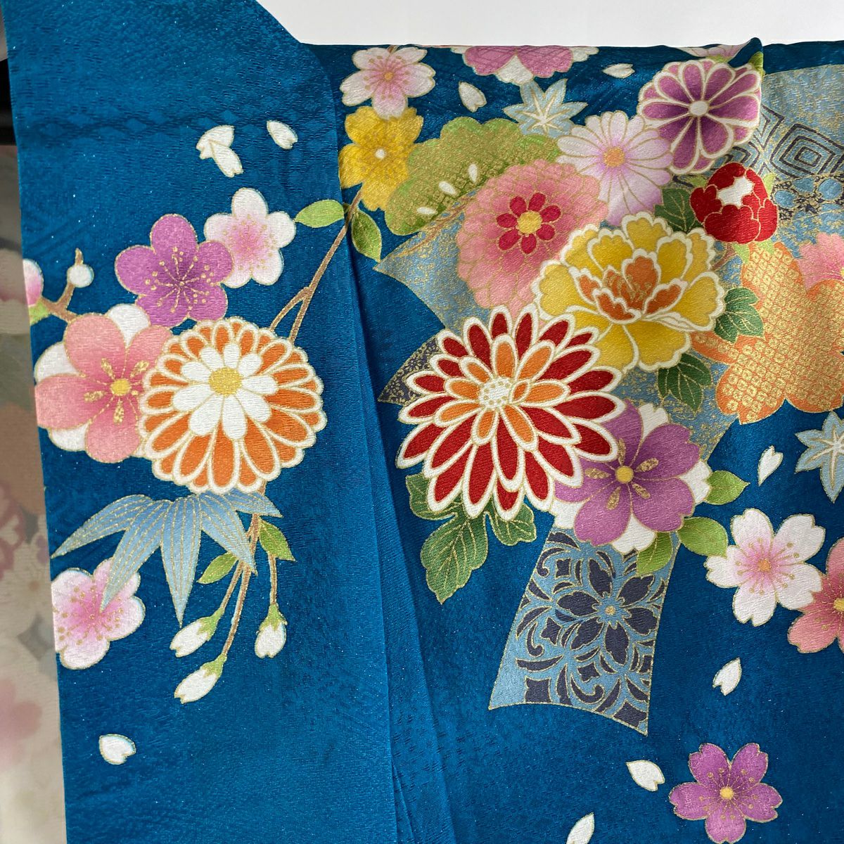 【美品】振袖禮服 身長171cm 袖長67cm M 雙層 菊花 扇子面 銀通 金絲 青綠 純蠶絲 逸品級