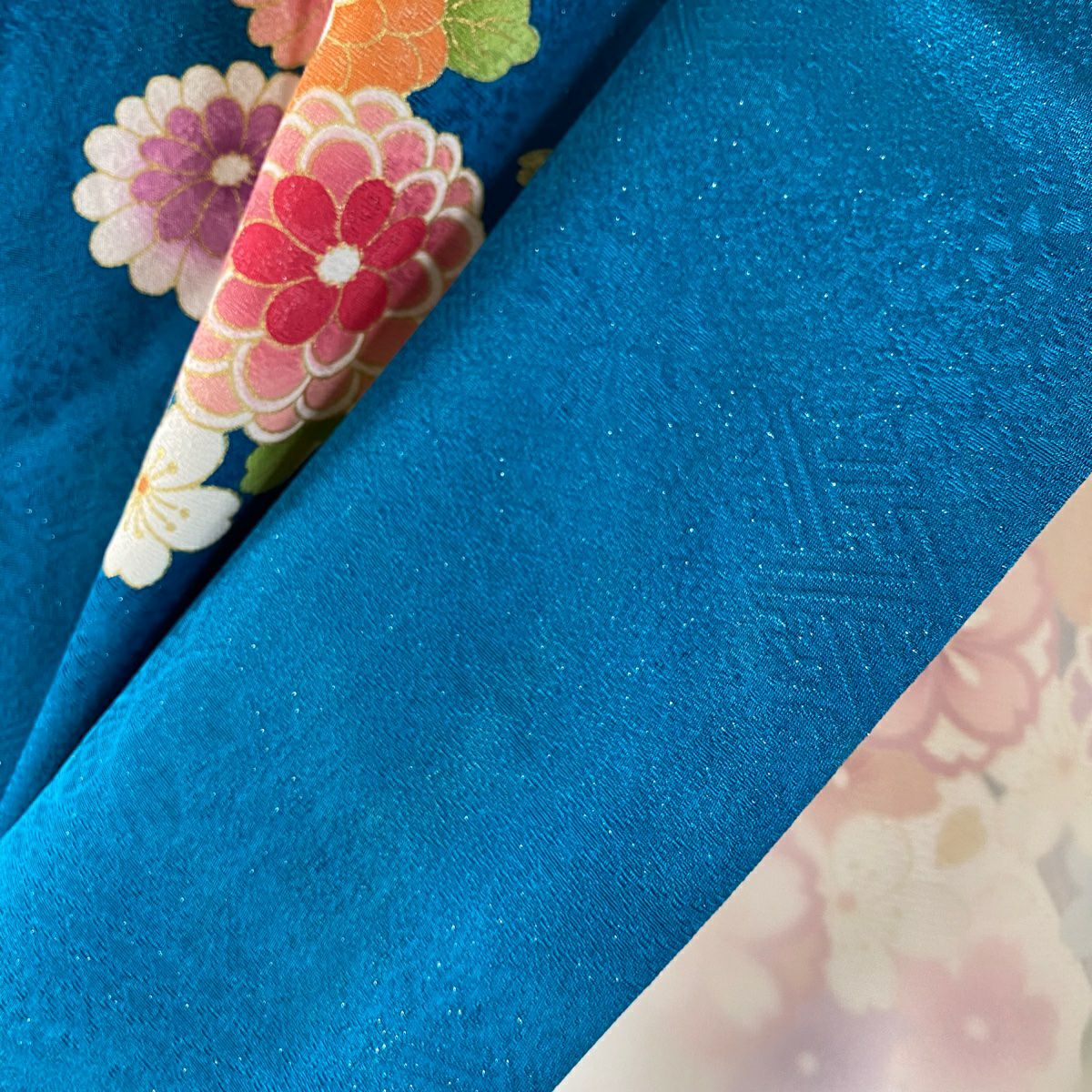 【美品】振袖禮服 身長171cm 袖長67cm M 雙層 菊花 扇子面 銀通 金絲 青綠 純蠶絲 逸品級