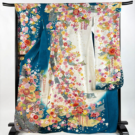 【美品】振袖禮服 身長170cm 袖長68cm L 雙層 扇子面 草花紋紋 銀通 金糸 青綠 純蠶絲 逸品級