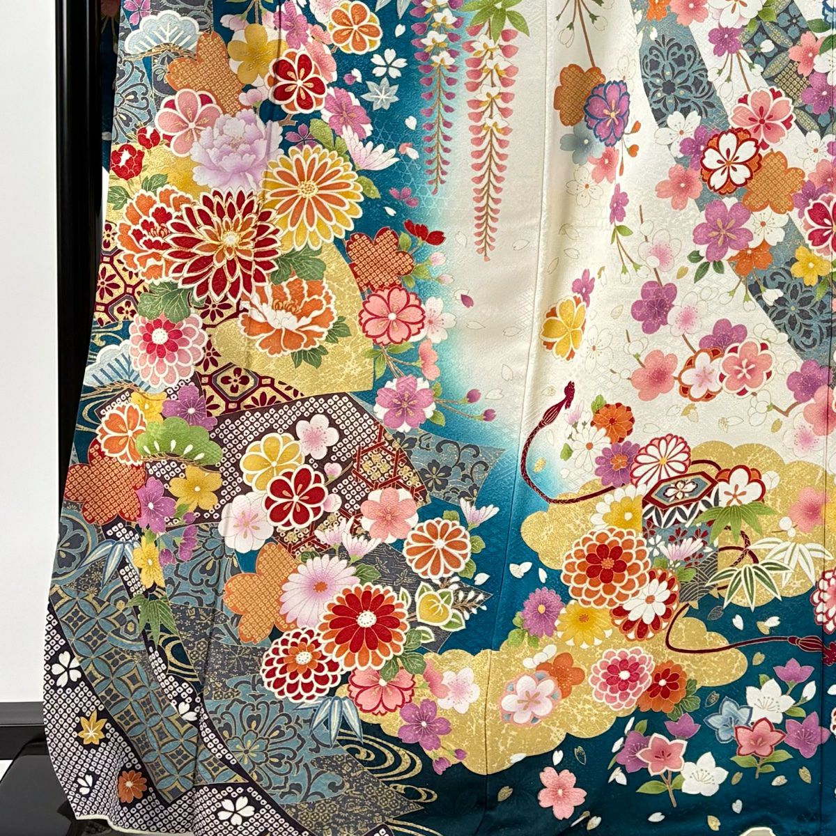 【美品】振袖禮服 身長170cm 袖長68cm L 雙層 扇子面 草花紋紋 銀通 金糸 青綠 純蠶絲 逸品級