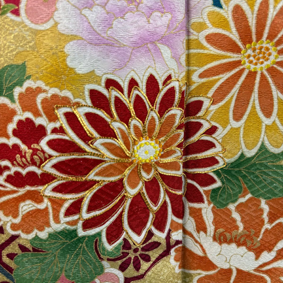 【美品】振袖禮服 身長170cm 袖長68cm L 雙層 扇子面 草花紋紋 銀通 金糸 青綠 純蠶絲 逸品級